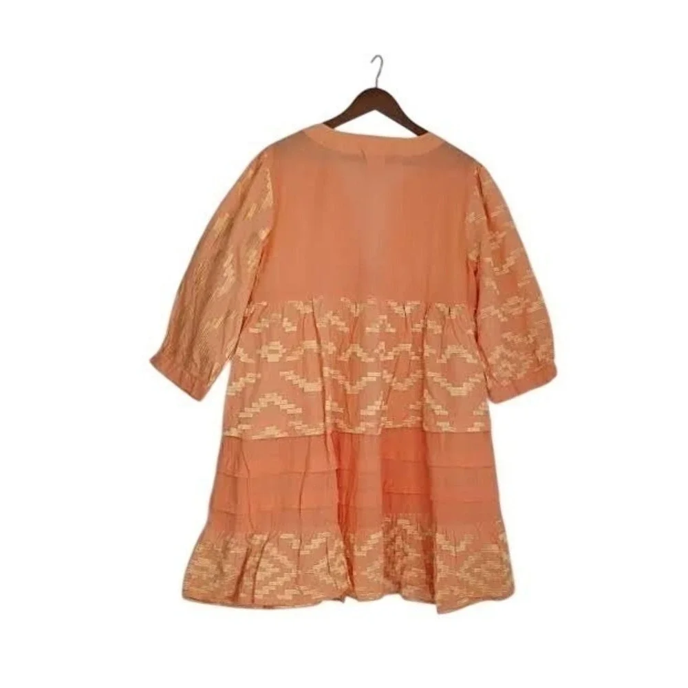 NWT RHEA Peach Gold Metallic Ikat Boho Tiered 100% Cotton Mini Dress L XL V-Neck - Picture 3 of 14
